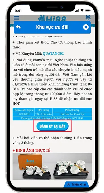 Bước 2: Tại Chương Trình 2 ấn"Đăng Ký Tại Đây". Tự động chuyển đến Telegram CSKH Quà Tặng Hi88.